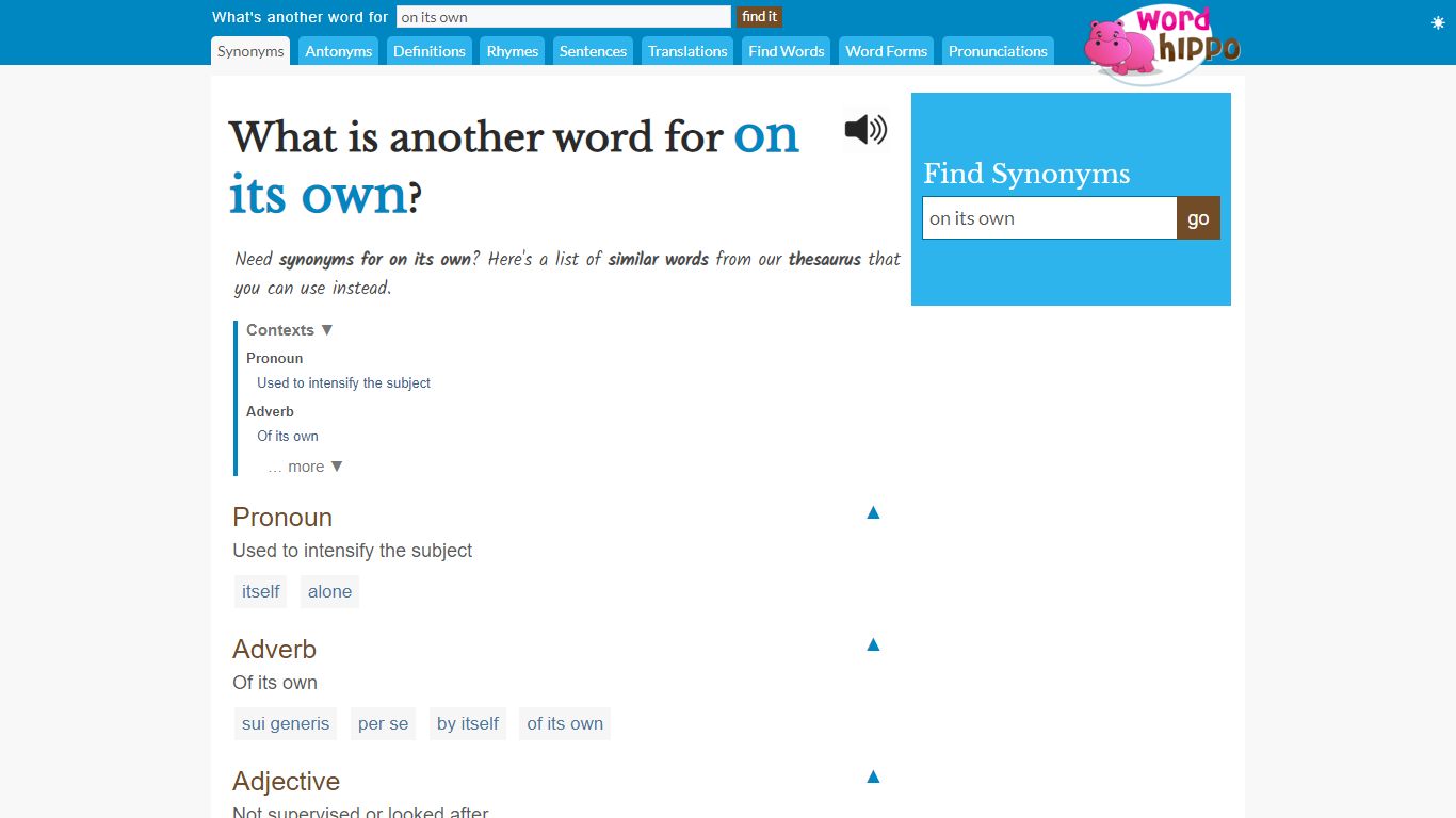 What is another word for "on its own"? - WordHippo